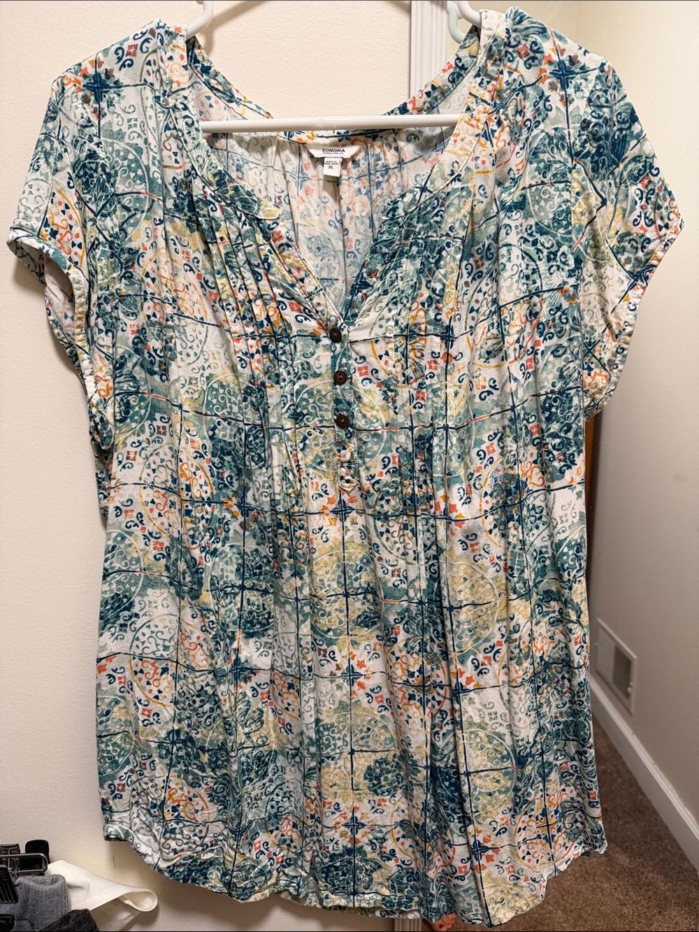 Sonoma V-Neck Short Sleeve Tunic in Teal, Cream & Yellow Accent